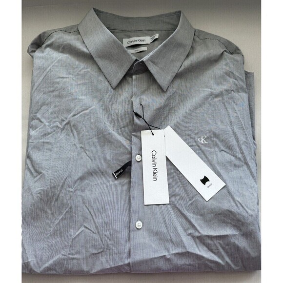 Calvin Klein Mens Slim-Fit Button-up Shirt Striped Stretch Black Gray Beauty 2XL - Picture 2 of 4